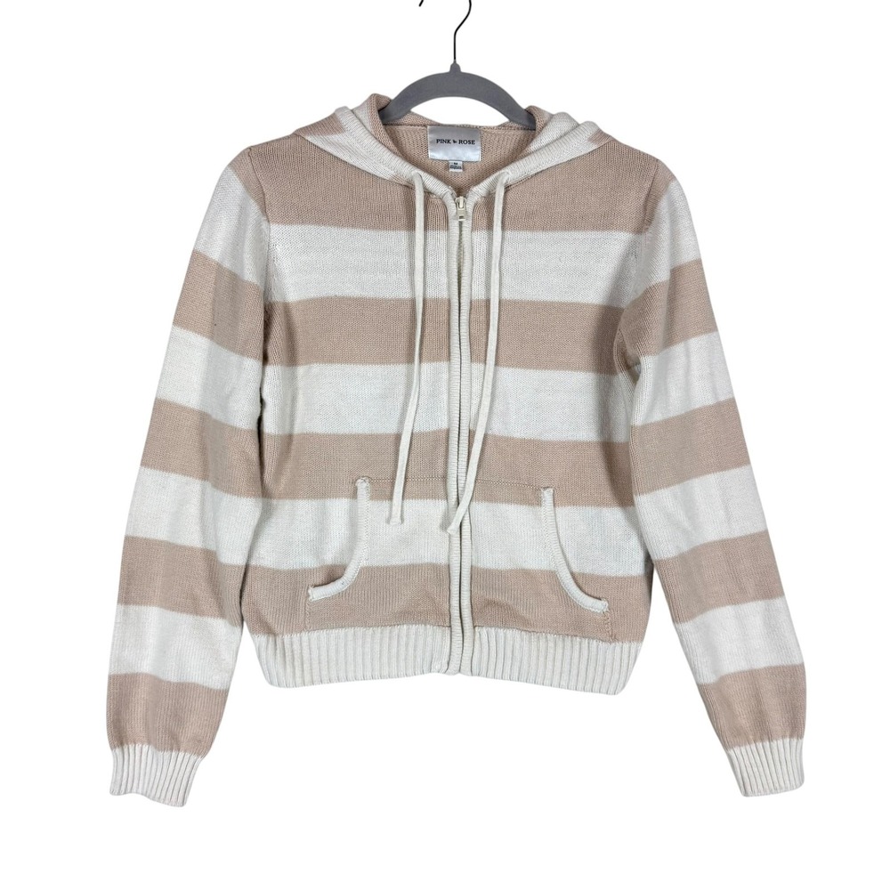 Pink Rose Sweater Womens M Beige White Stripe Hooded Full Zip Knit Pockets